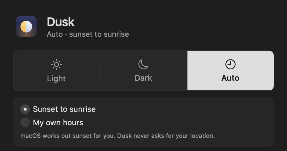 The direct-download Dusk for Mac window: a Light, Dark and Auto switch, set to follow sunset and sunrise.